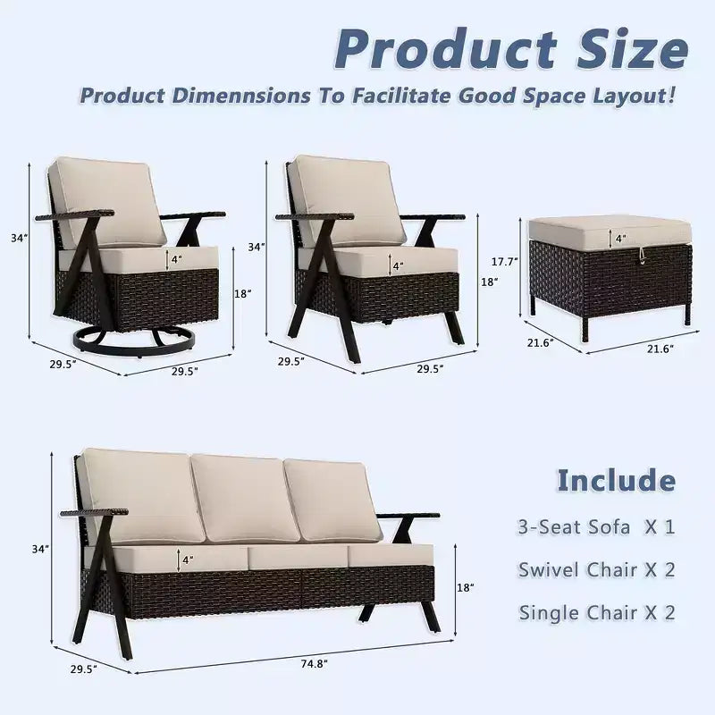 UPTIOT Outdoor 7-Piece Seating Set: 3-Seater Sofa, 2 Swivel Rockers, 2 Single Chairs & 2 Ottomans for Patio Comfort