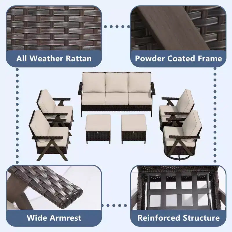 UPTIOT Outdoor 7-Piece Seating Set: 3-Seater Sofa, 2 Swivel Rockers, 2 Single Chairs & 2 Ottomans for Patio Comfort