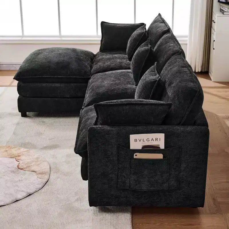 102 Modern Sectional Sofa with Ottoman, Double-Layer Cushions, Soft Fabric Cloud Sofa for Living Rooms, Apartments, or Lounges-Panipeachy