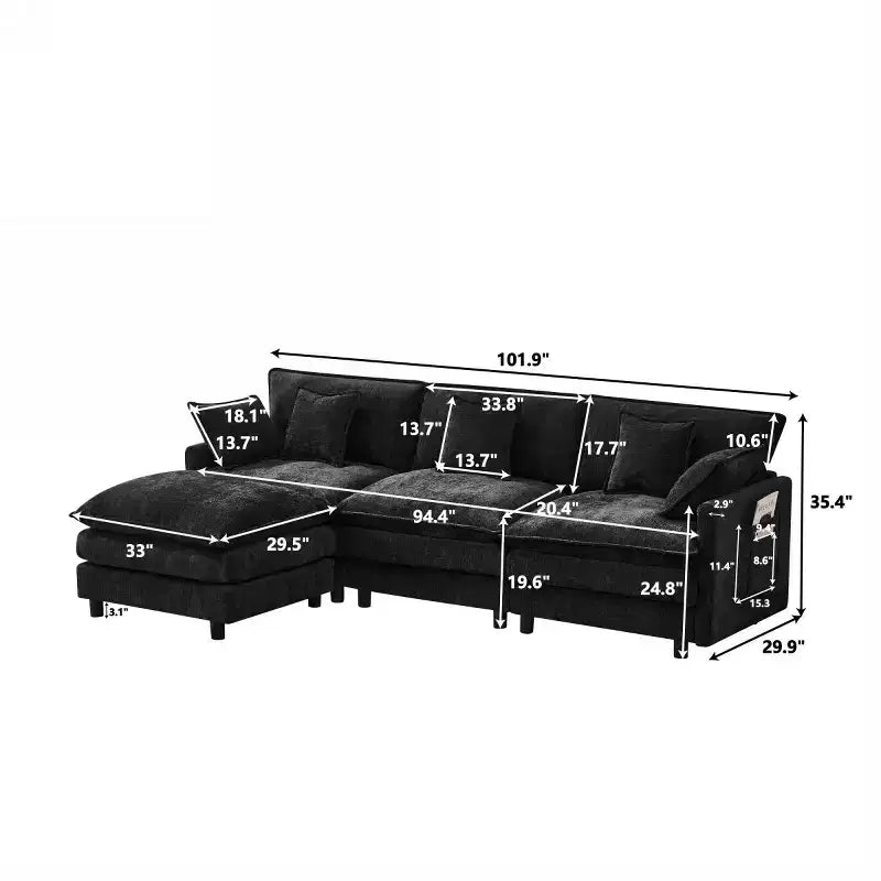 102 Modern Sectional Sofa with Ottoman, Double-Layer Cushions, Soft Fabric Cloud Sofa for Living Rooms, Apartments, or Lounges-Panipeachy