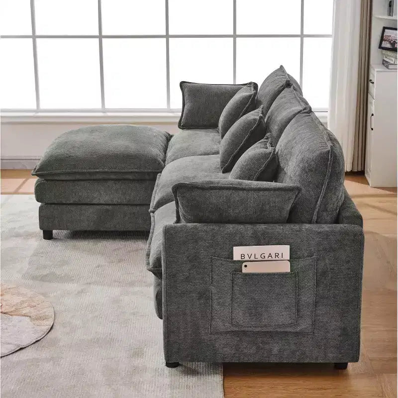 102 Modern Sectional Sofa with Ottoman, Double-Layer Cushions, Soft Fabric Cloud Sofa for Living Rooms, Apartments, or Lounges-Panipeachy