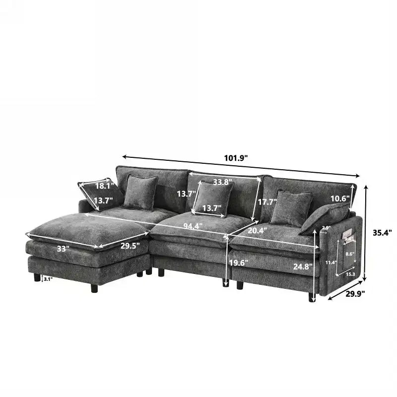 102 Modern Sectional Sofa with Ottoman, Double-Layer Cushions, Soft Fabric Cloud Sofa for Living Rooms, Apartments, or Lounges-Panipeachy