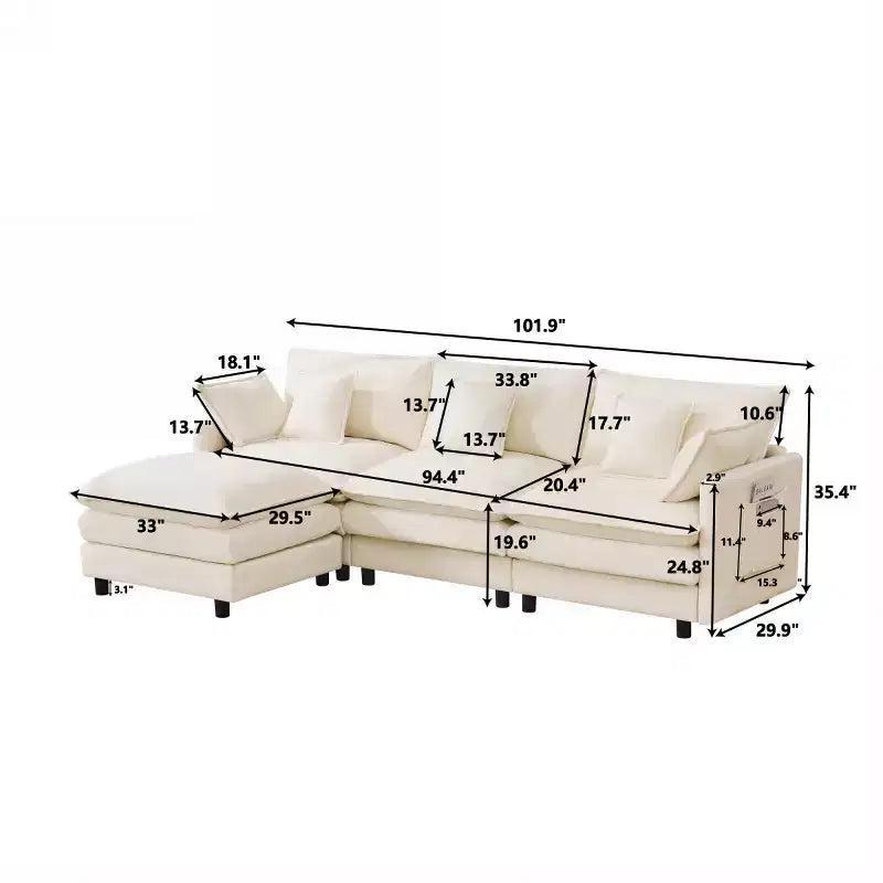 102 Modern Sectional Sofa with Ottoman, Double-Layer Cushions, Soft Fabric Cloud Sofa for Living Rooms, Apartments, or Lounges-Panipeachy