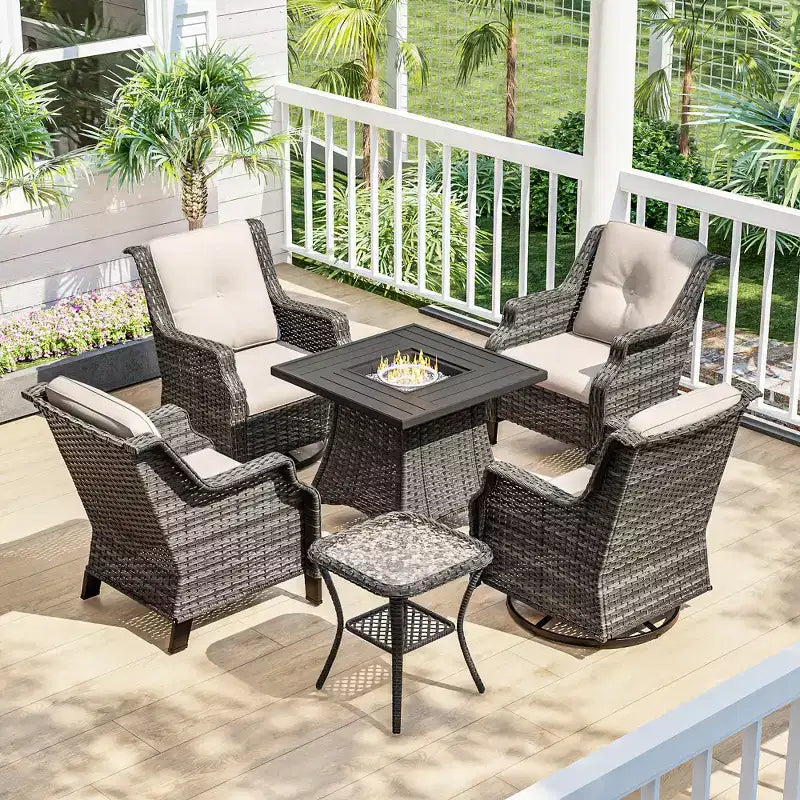 UPTIOT 6-Piece Outdoor Set with Swivel Chairs, Armchairs, Side Table & Fire Pit