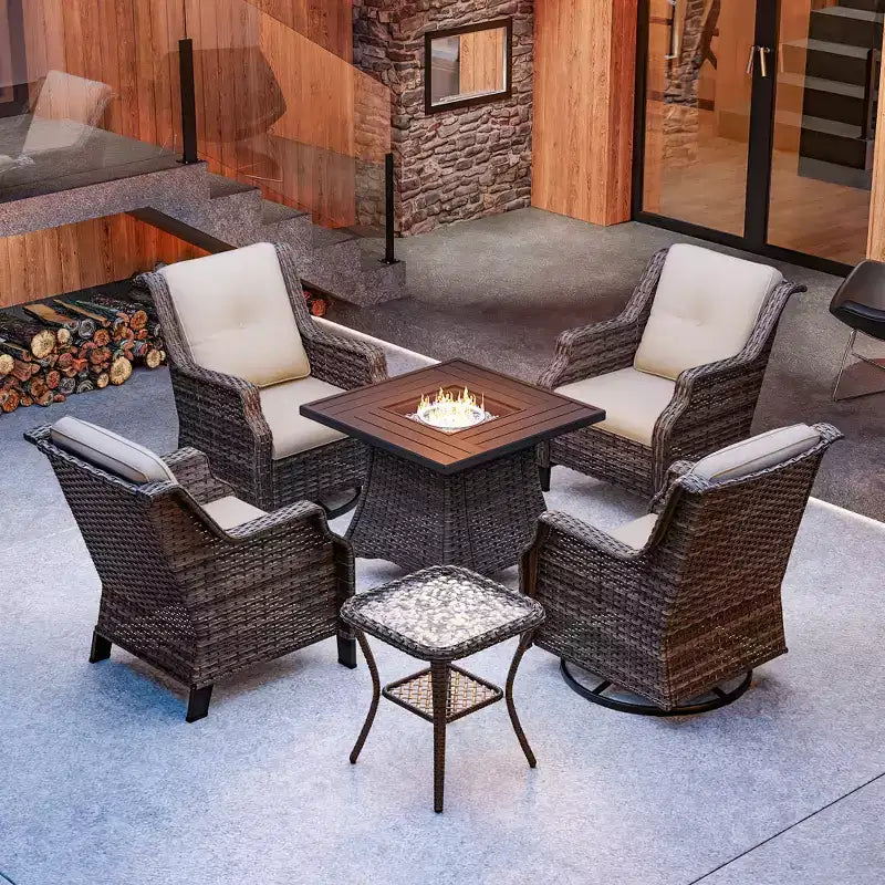 UPTIOT 6-Piece Outdoor Set with Swivel Chairs, Armchairs, Side Table & Fire Pit