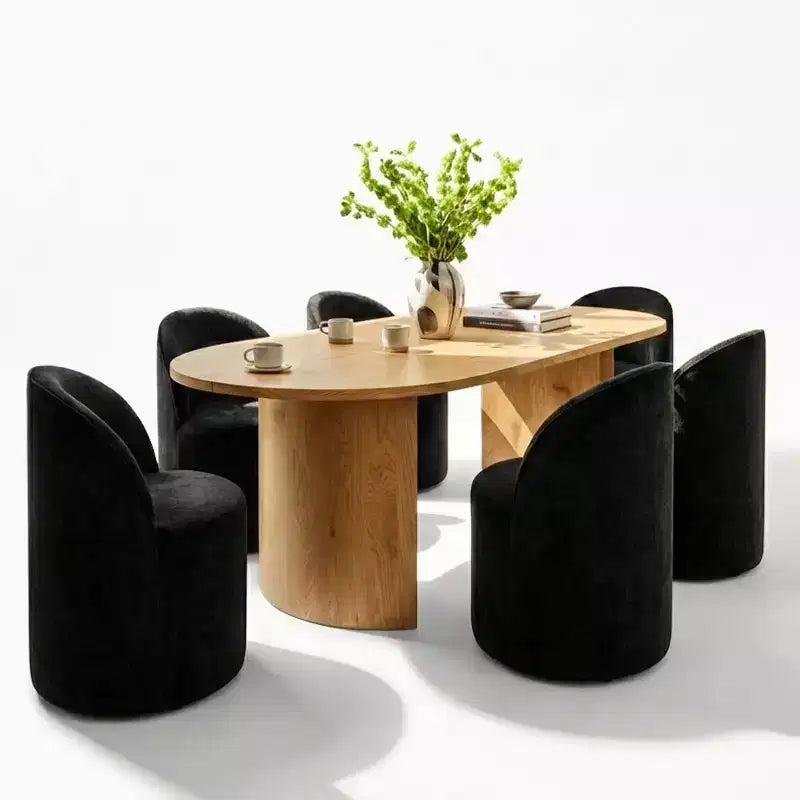 Dining Table Set for 6, Oval 79 Table and Chenille Fabric Armless Barrel Chairs with Casters, Perfect for Kitchens-Panipeachy