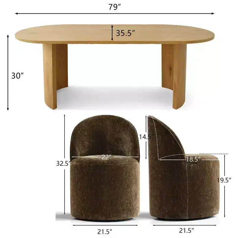 Dining Table Set for 6, Oval 79 Table and Chenille Fabric Armless Barrel Chairs with Casters, Perfect for Kitchens-Panipeachy