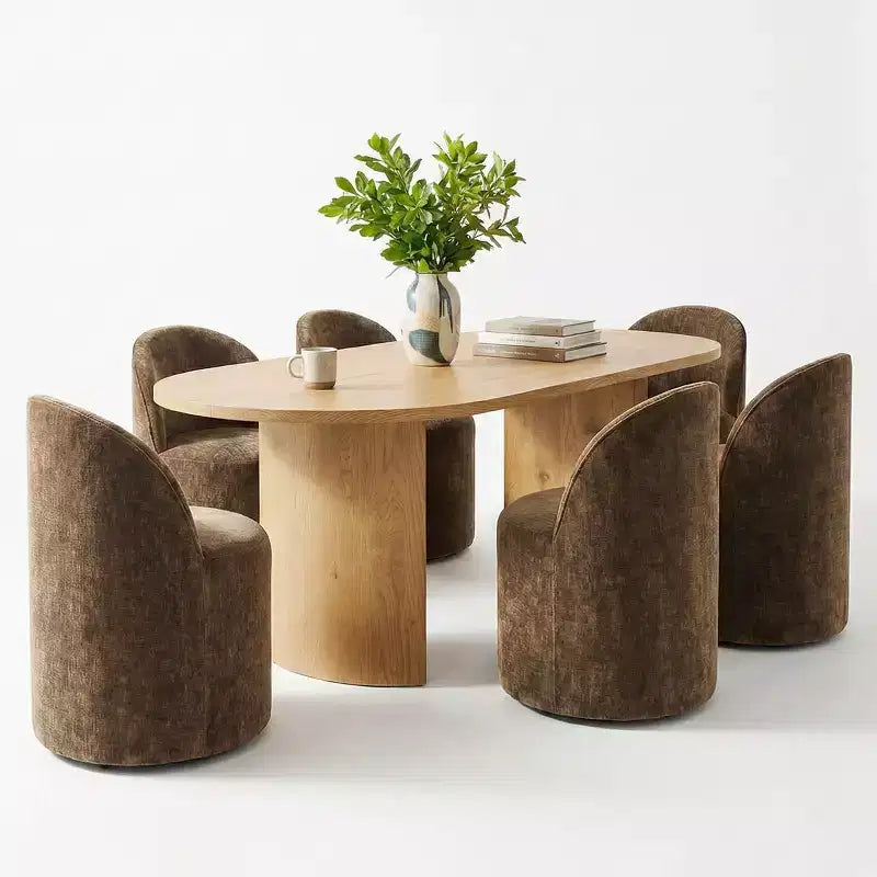 Dining Table Set for 6, Oval 79 Table and Chenille Fabric Armless Barrel Chairs with Casters, Perfect for Kitchens-Panipeachy