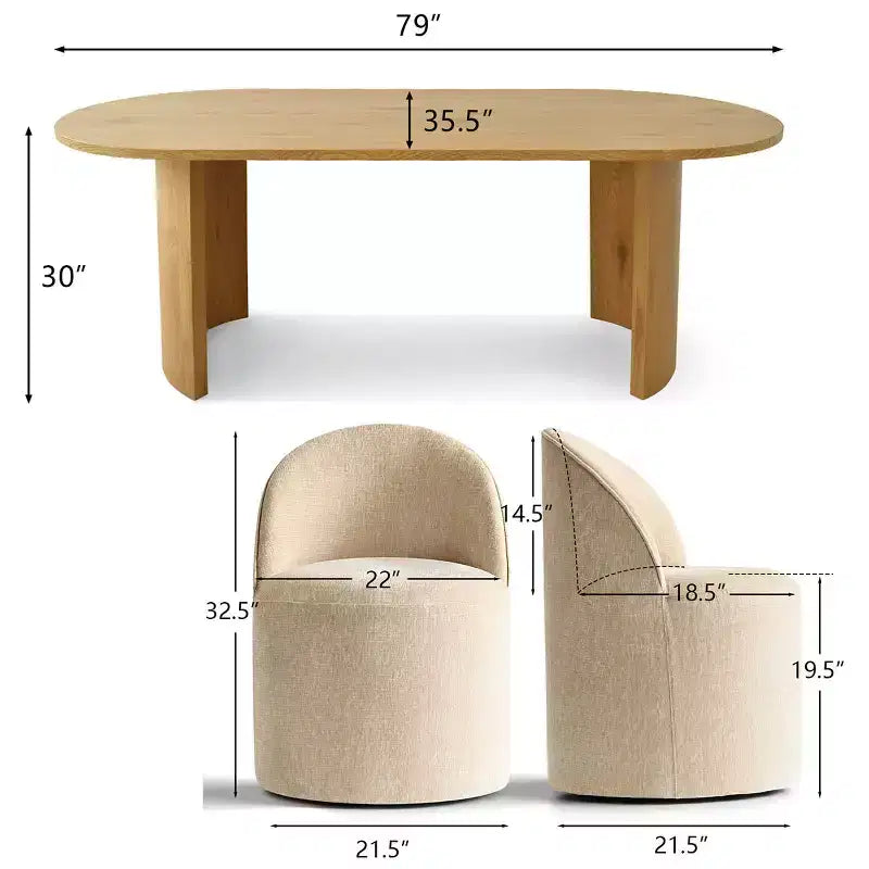 Dining Table Set for 6, Oval 79 Table and Chenille Fabric Armless Barrel Chairs with Casters, Perfect for Kitchens-Panipeachy