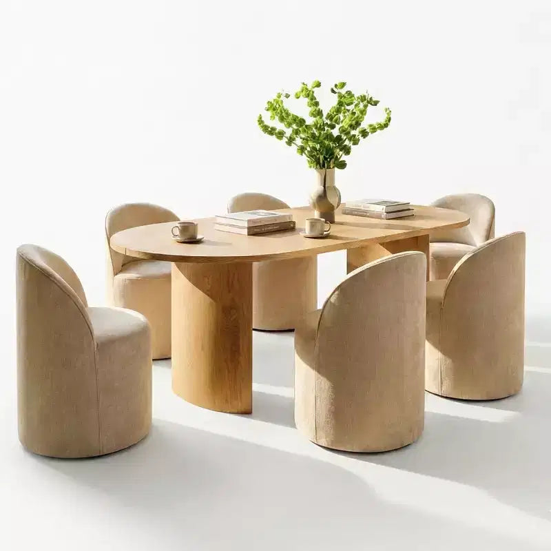 Dining Table Set for 6, Oval 79 Table and Chenille Fabric Armless Barrel Chairs with Casters, Perfect for Kitchens-Panipeachy