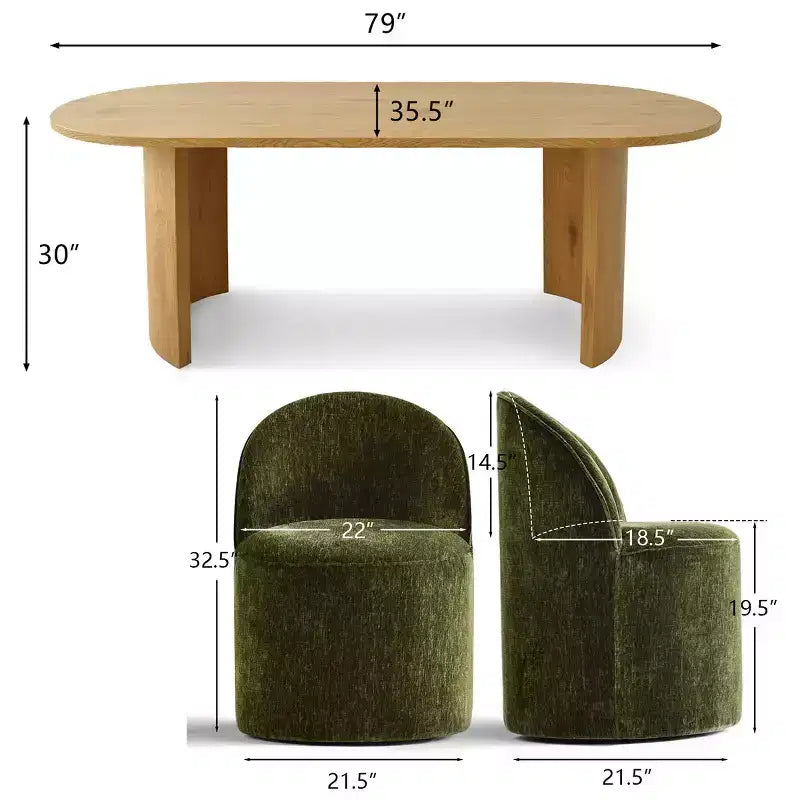 Dining Table Set for 6, Oval 79 Table and Chenille Fabric Armless Barrel Chairs with Casters, Perfect for Kitchens-Panipeachy