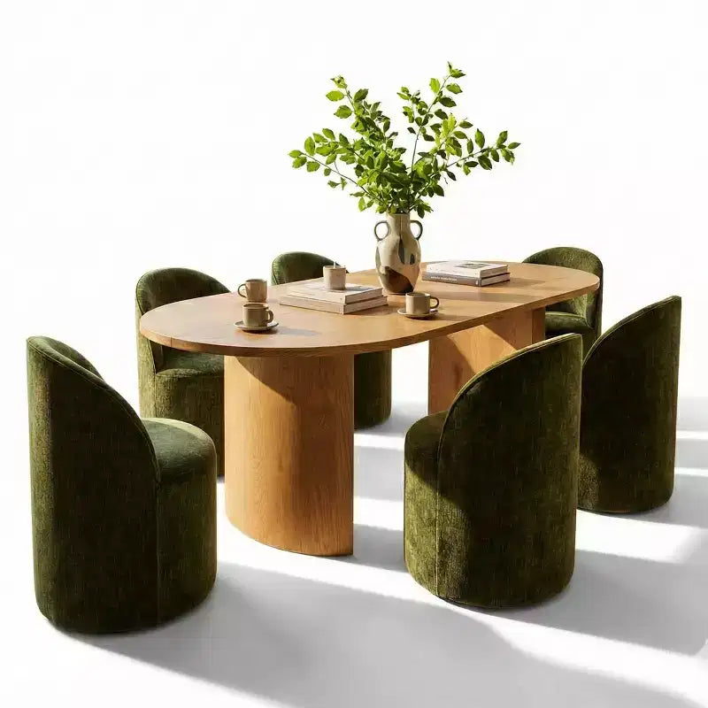 Dining Table Set for 6, Oval 79 Table and Chenille Fabric Armless Barrel Chairs with Casters, Perfect for Kitchens-Panipeachy