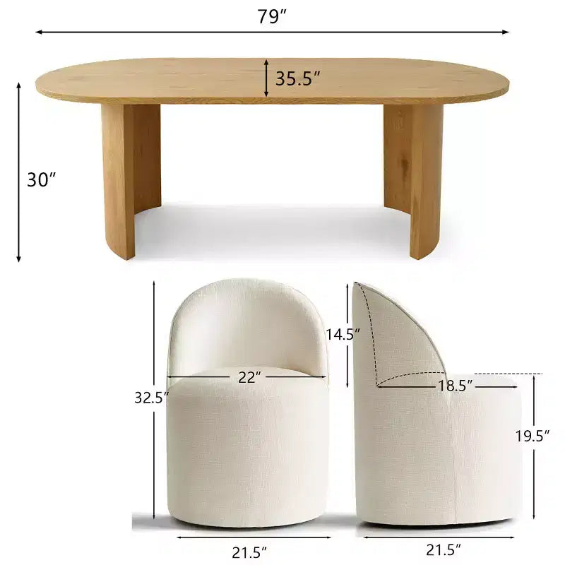 Dining Table Set for 6, Oval 79 Table and Chenille Fabric Armless Barrel Chairs with Casters, Perfect for Kitchens-Panipeachy