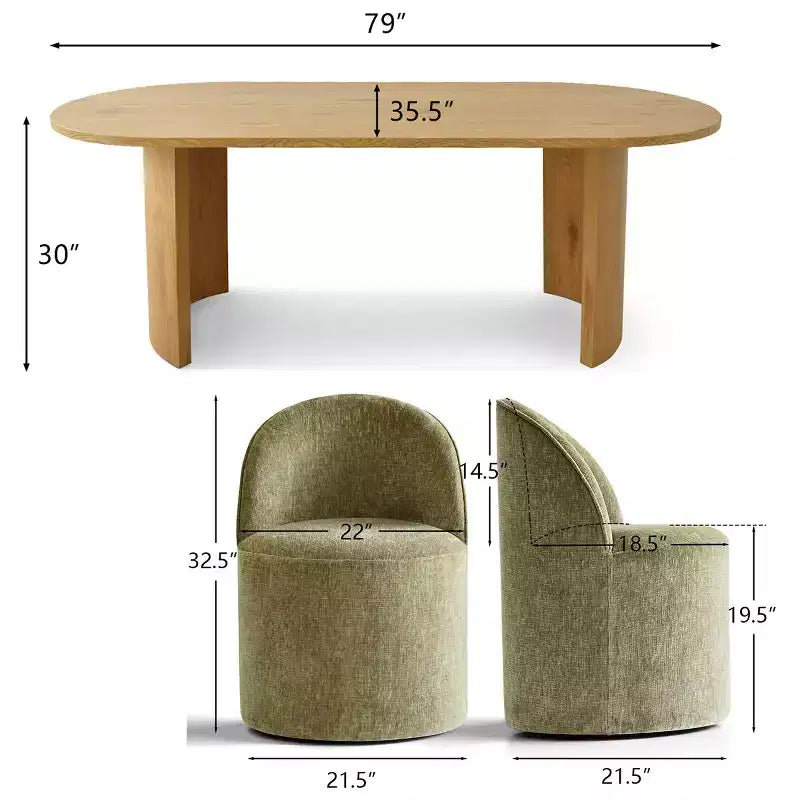 Dining Table Set for 6, Oval 79 Table and Chenille Fabric Armless Barrel Chairs with Casters, Perfect for Kitchens-Panipeachy