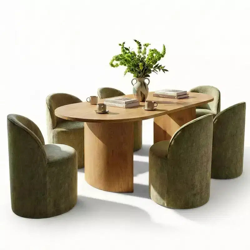 Dining Table Set for 6, Oval 79 Table and Chenille Fabric Armless Barrel Chairs with Casters, Perfect for Kitchens-Panipeachy