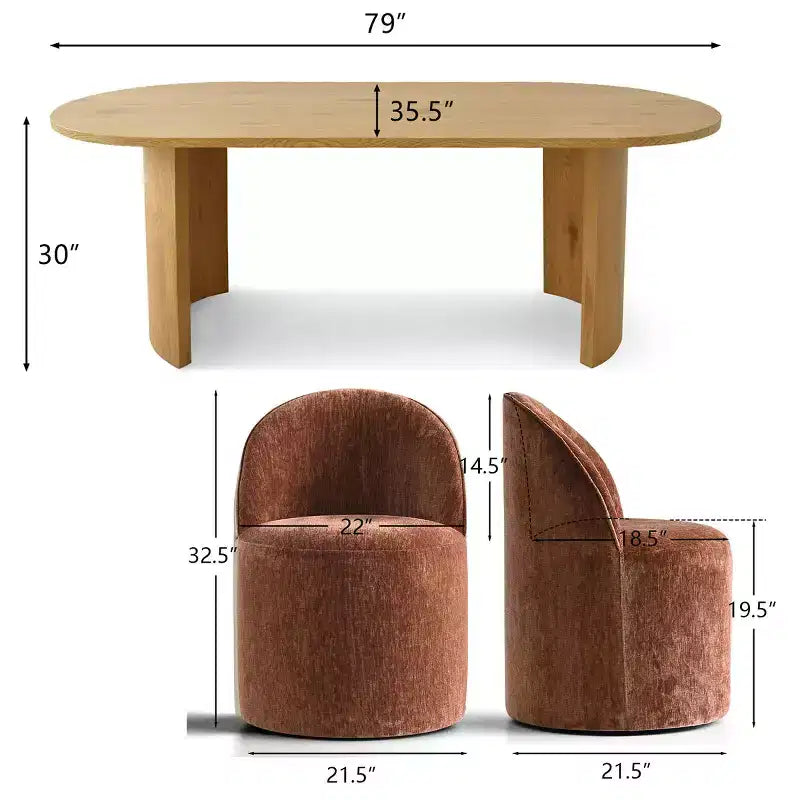 Dining Table Set for 6, Oval 79 Table and Chenille Fabric Armless Barrel Chairs with Casters, Perfect for Kitchens-Panipeachy