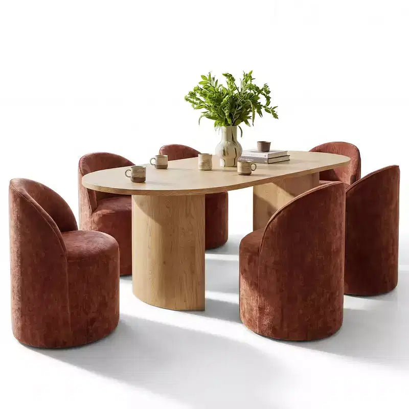 Dining Table Set for 6, Oval 79 Table and Chenille Fabric Armless Barrel Chairs with Casters, Perfect for Kitchens-Panipeachy