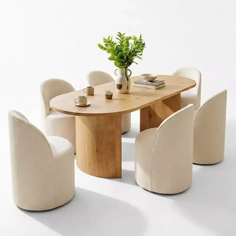 Dining Table Set for 6, Oval 79 Table and Chenille Fabric Armless Barrel Chairs with Casters, Perfect for Kitchens-Panipeachy