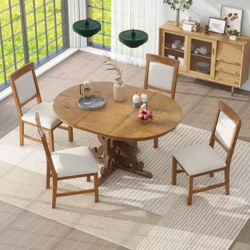 Farmhouse Kitchen Table Set for 4, Wooden Extendable Round Dining Table Set and 4 Upholstered Chairs, Retro Dining Set for Kitchen