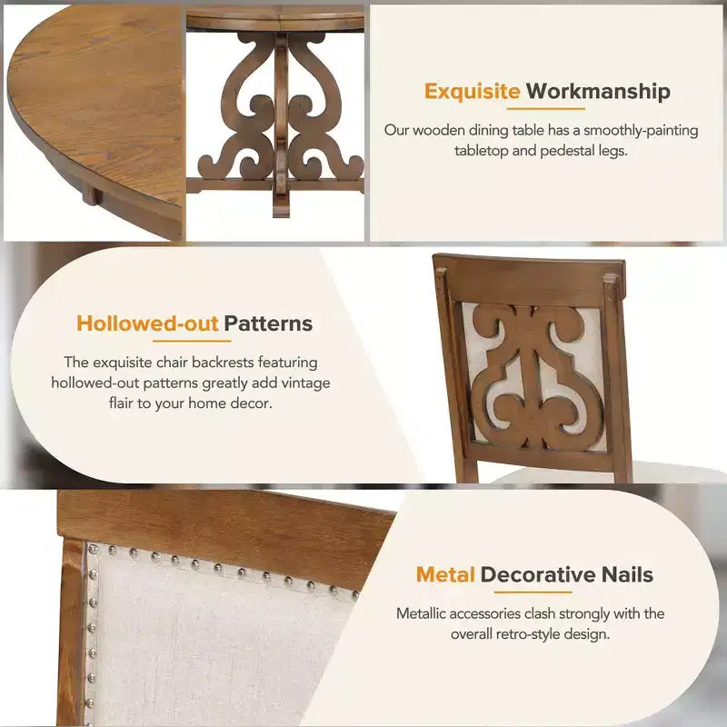Farmhouse Kitchen Table Set for 4, Wooden Extendable Round Dining Table Set and 4 Upholstered Chairs, Retro Dining Set for Kitchen