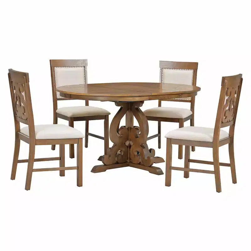 Farmhouse Kitchen Table Set for 4, Wooden Extendable Round Dining Table Set and 4 Upholstered Chairs, Retro Dining Set for Kitchen