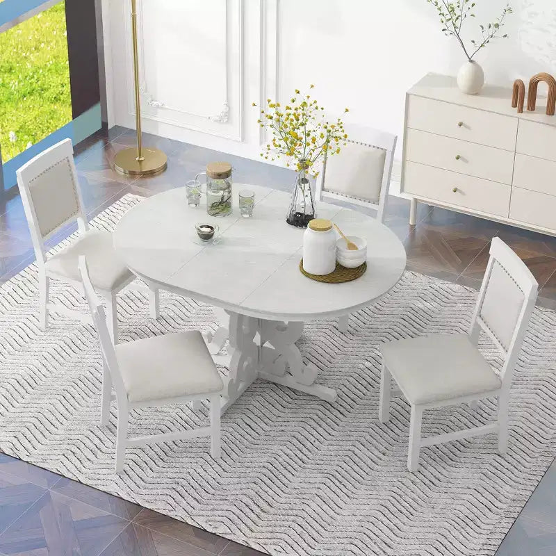 Farmhouse Kitchen Table Set for 4, Wooden Extendable Round Dining Table Set and 4 Upholstered Chairs, Retro Dining Set for Kitchen