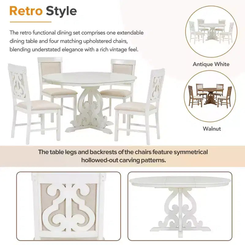Farmhouse Kitchen Table Set for 4, Wooden Extendable Round Dining Table Set and 4 Upholstered Chairs, Retro Dining Set for Kitchen