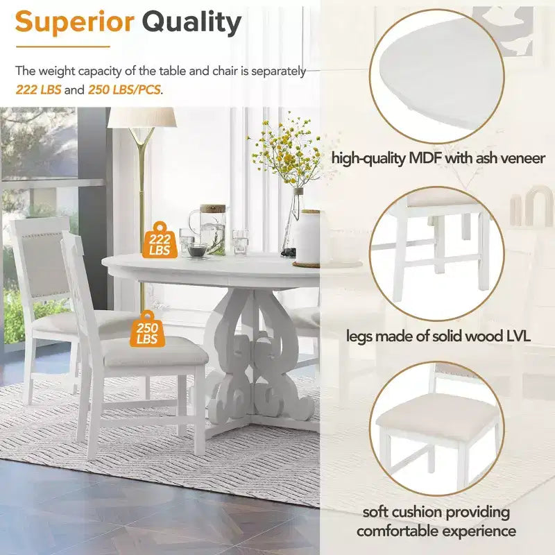 Farmhouse Kitchen Table Set for 4, Wooden Extendable Round Dining Table Set and 4 Upholstered Chairs, Retro Dining Set for Kitchen