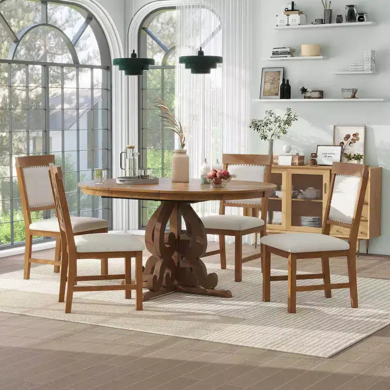 Ensemble de table de cuisine style ferme pour 4 personnes, table à manger ronde extensible en bois et 4 chaises rembourrées, ensemble de salle à manger rétro pour cuisine