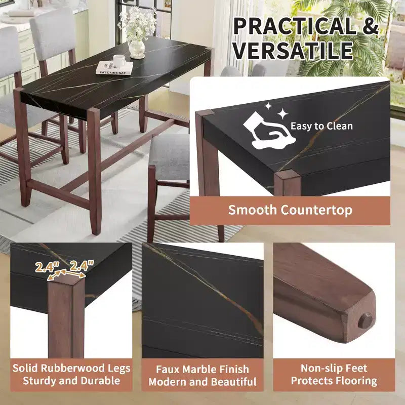 Marble Counter Height Dining Table Set for 4, 5 Pieces Bar Table Set with 4 Upholstered Chairs for Dining Room Pub Kitchen Small Place
