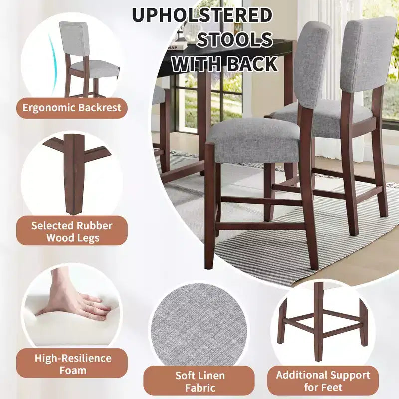 Marble Counter Height Dining Table Set for 4, 5 Pieces Bar Table Set with 4 Upholstered Chairs for Dining Room Pub Kitchen Small Place