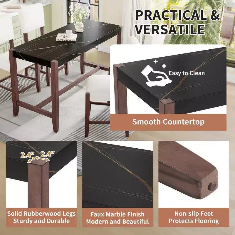 Marble Counter Height Dining Table Set for 4, 5 Pieces Bar Table Set with 4 Upholstered Chairs for Dining Room Pub Kitchen Small Place