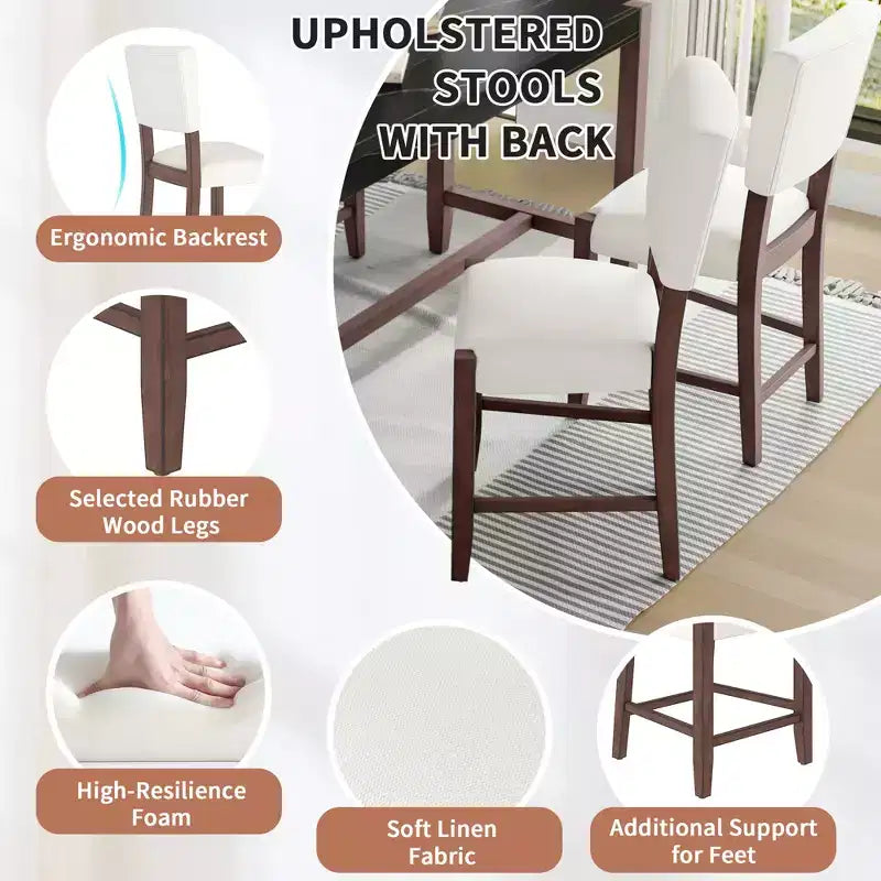 Marble Counter Height Dining Table Set for 4, 5 Pieces Bar Table Set with 4 Upholstered Chairs for Dining Room Pub Kitchen Small Place