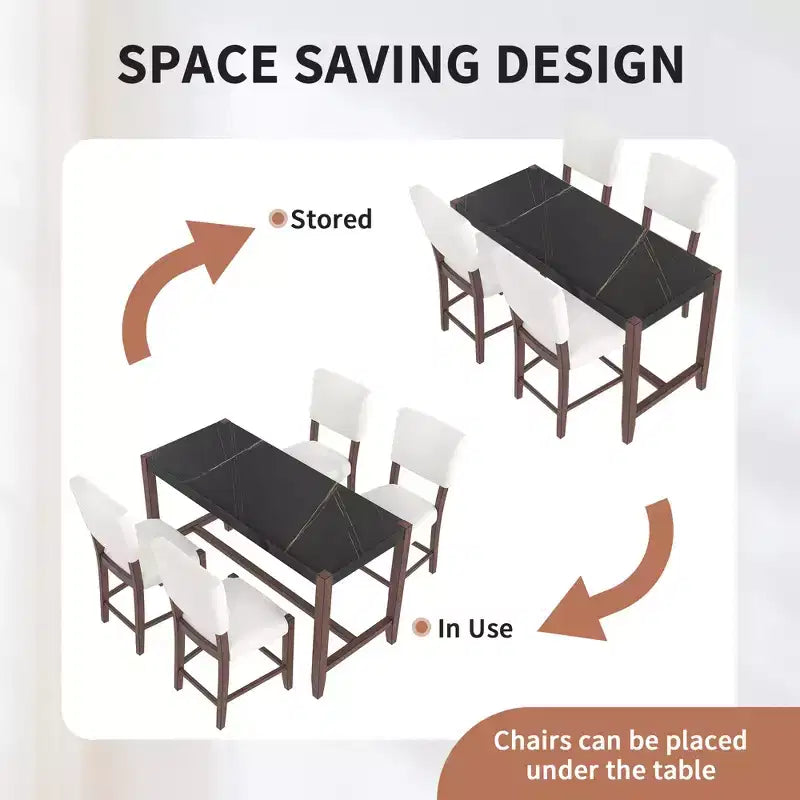 Marble Counter Height Dining Table Set for 4, 5 Pieces Bar Table Set with 4 Upholstered Chairs for Dining Room Pub Kitchen Small Place