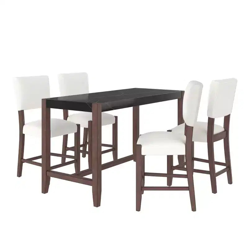 Marble Counter Height Dining Table Set for 4, 5 Pieces Bar Table Set with 4 Upholstered Chairs for Dining Room Pub Kitchen Small Place