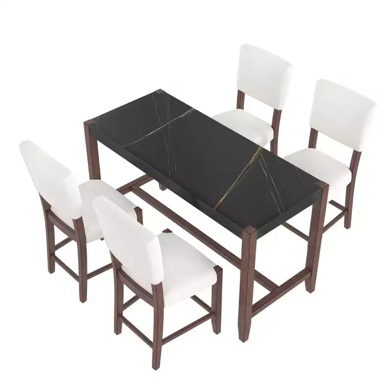 Marble Counter Height Dining Table Set for 4, 5 Pieces Bar Table Set with 4 Upholstered Chairs for Dining Room Pub Kitchen Small Place