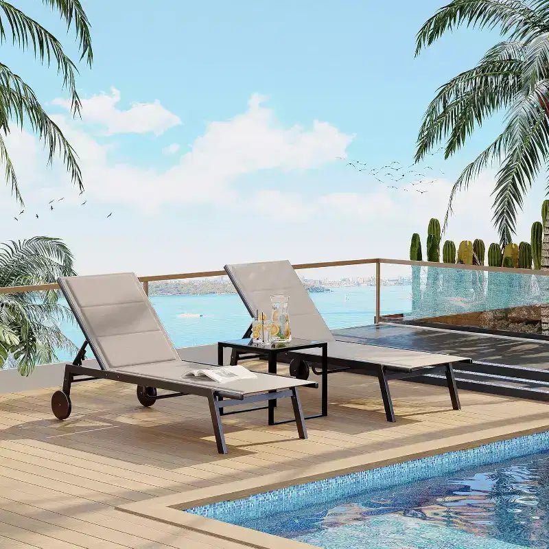 CuisinSmart Patio Chaise Lounge Chairs with Side Table Set of 3, Outdoor Lounge Chairs with Wheels, Adjustable Backrest Poolside Loungers