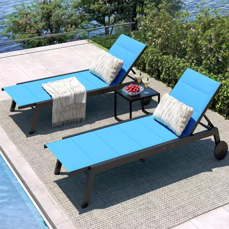 CuisinSmart Patio Chaise Lounge Chairs with Side Table Set of 3, Outdoor Lounge Chairs with Wheels, Adjustable Backrest Poolside Loungers