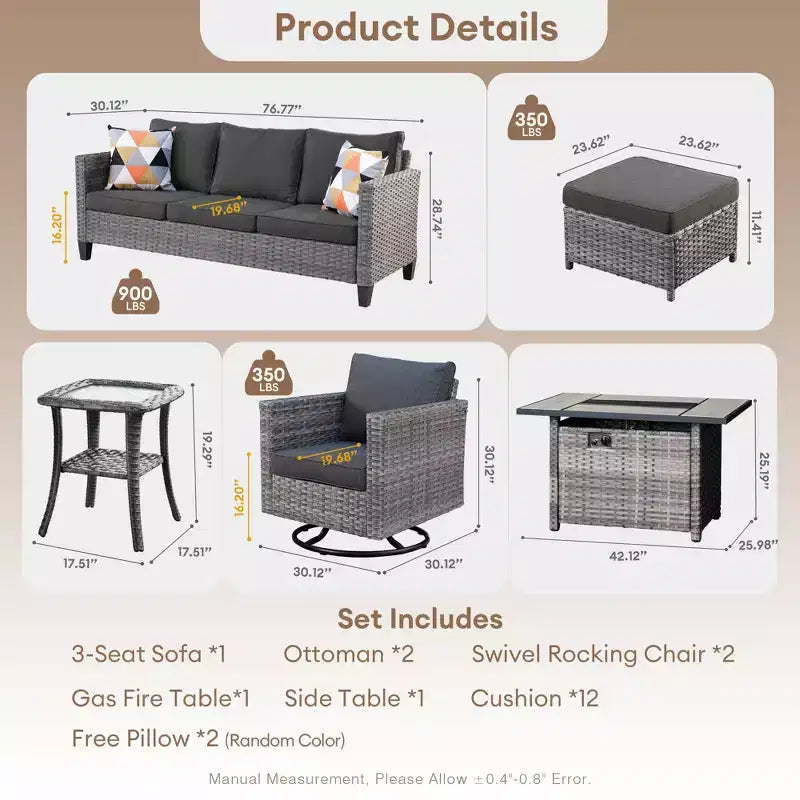 HOMLUX 7 PCS Fire Pit Patio Chairs Set with Swivel Chairs & Firepit Table, Weather-Resistant