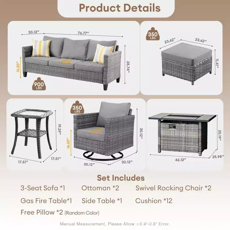 HOMLUX 7 PCS Fire Pit Patio Chairs Set with Swivel Chairs & Firepit Table, Weather-Resistant