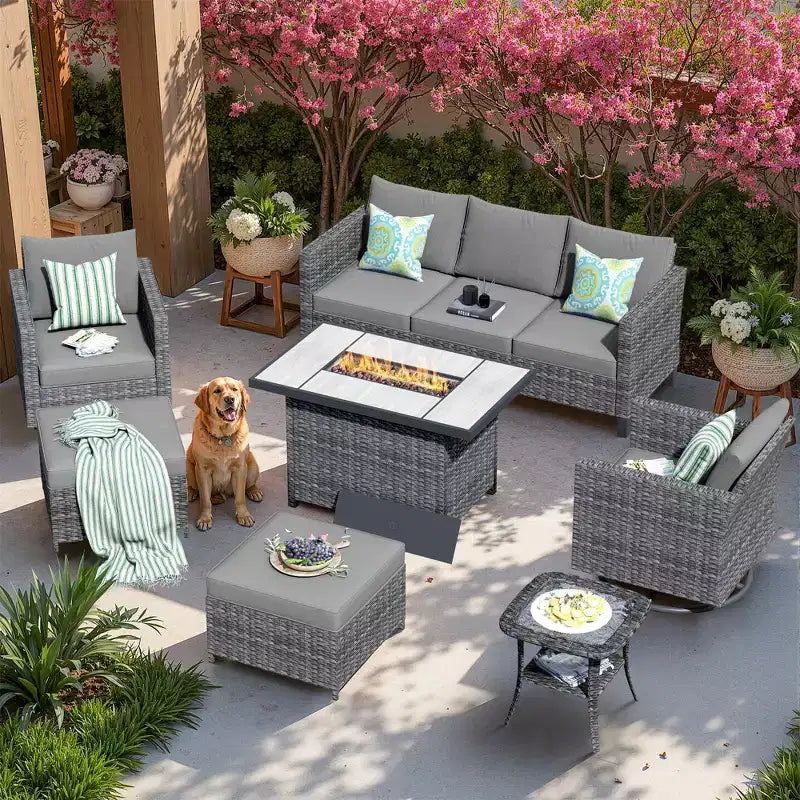 Ensemble de 7 pièces HOMLUX avec chaises pivotantes et table brasero, résistant aux intempéries