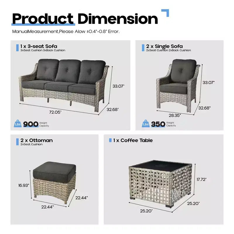 HOMLUX 6 PCS Patio Wicker Conversation Set 3-Seat Sofa with Cushion, Rattan Chairs, Ottomans, Coffee Table