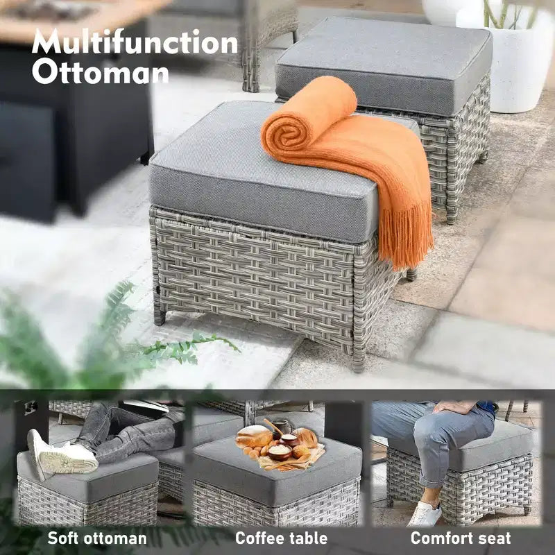 HOMLUX 6 PCS Patio Wicker Conversation Set 3-Seat Sofa with Cushion, Rattan Chairs, Ottomans, Coffee Table