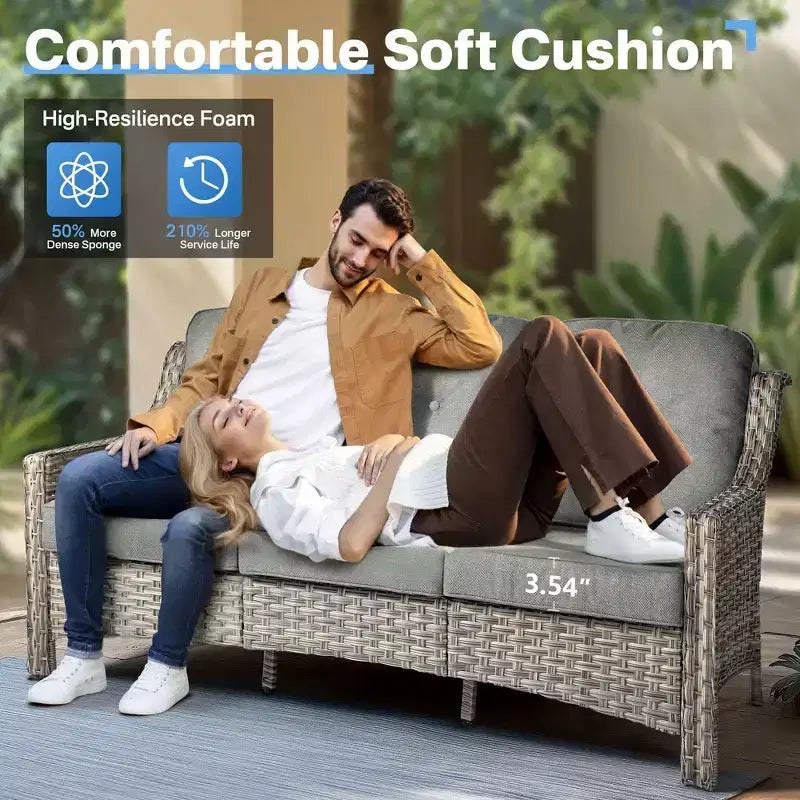 HOMLUX 6 PCS Patio Wicker Conversation Set 3-Seat Sofa with Cushion, Rattan Chairs, Ottomans, Coffee Table