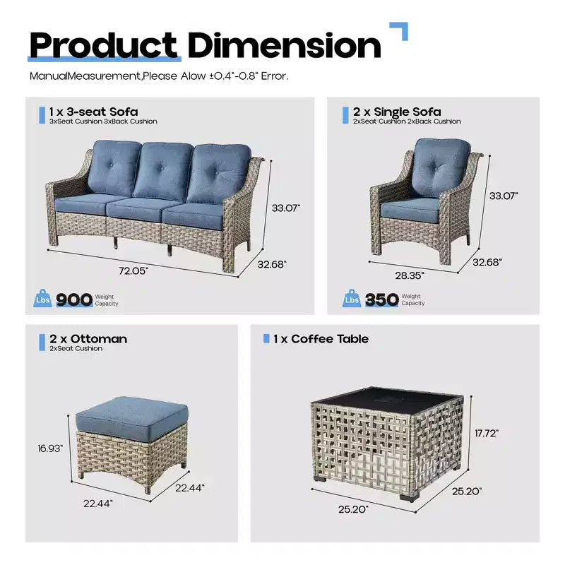 HOMLUX 6 PCS Patio Wicker Conversation Set 3-Seat Sofa with Cushion, Rattan Chairs, Ottomans, Coffee Table