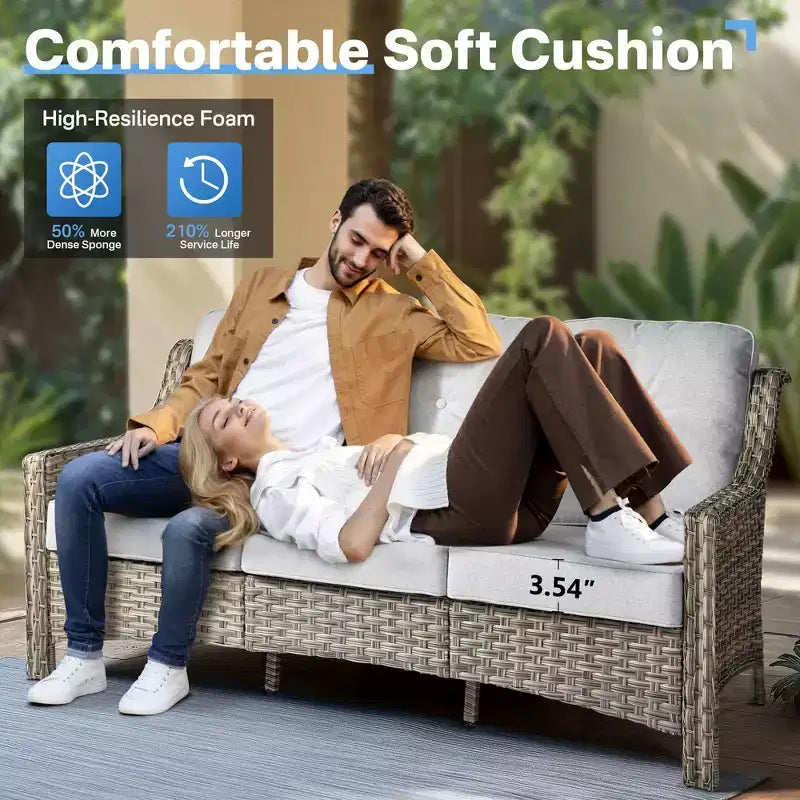 HOMLUX 6 PCS Patio Wicker Conversation Set 3-Seat Sofa with Cushion, Rattan Chairs, Ottomans, Coffee Table