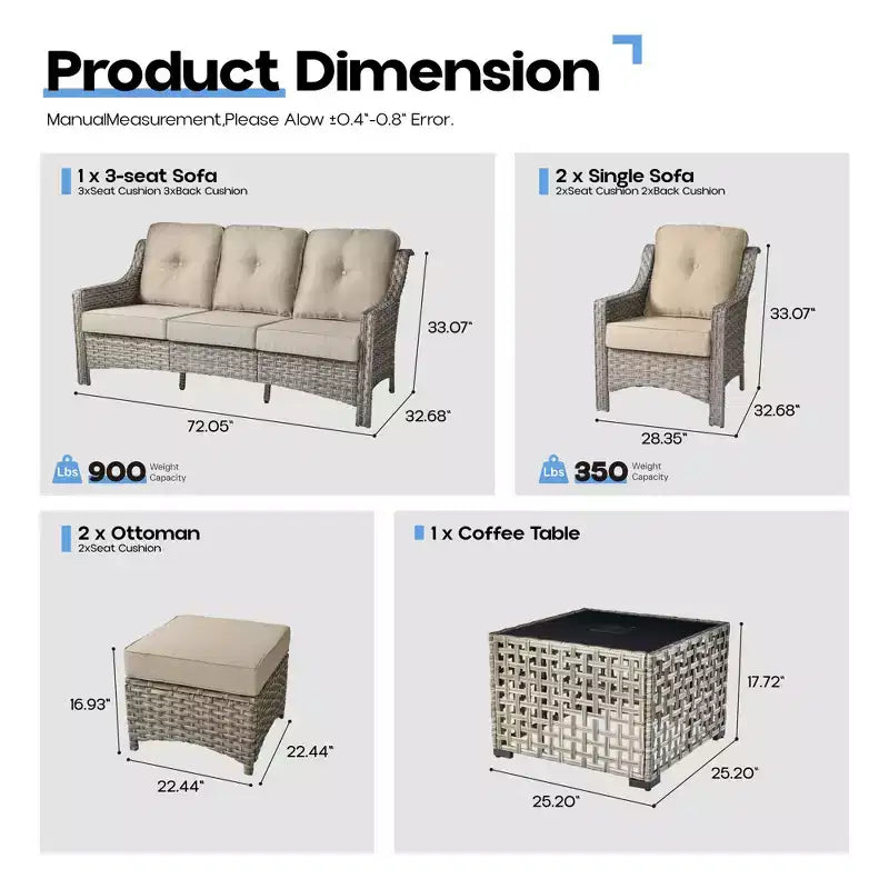 HOMLUX 6 PCS Patio Wicker Conversation Set 3-Seat Sofa with Cushion, Rattan Chairs, Ottomans, Coffee Table