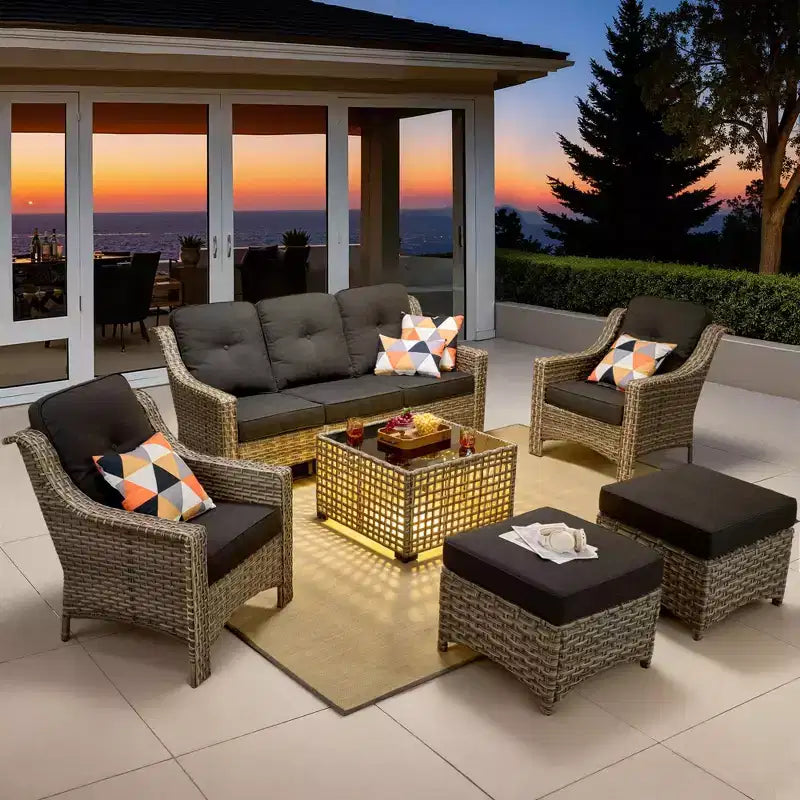 Ensemble de conversation de patio HOMLUX 6 pièces, canapé 3 places avec coussins, chaises en rotin, poufs, table basse