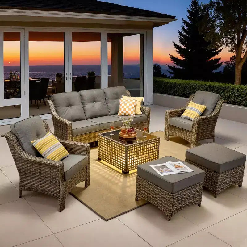 Ensemble de conversation de patio HOMLUX 6 pièces, canapé 3 places avec coussins, chaises en rotin, poufs, table basse