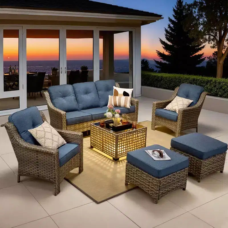 Ensemble de conversation de patio HOMLUX 6 pièces, canapé 3 places avec coussins, chaises en rotin, poufs, table basse